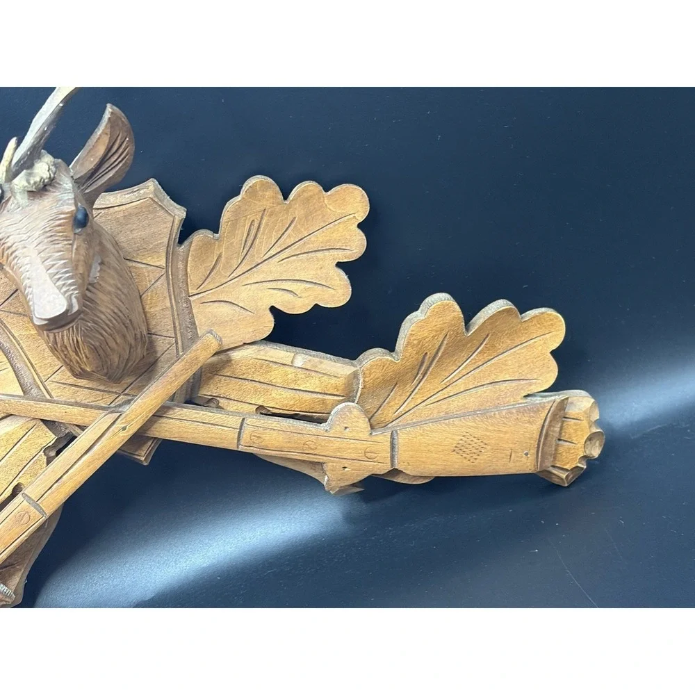 Vintage German Cuckoo Clock Wood Deer Head w/ Horns Guns Topper Rustic Log Cabin